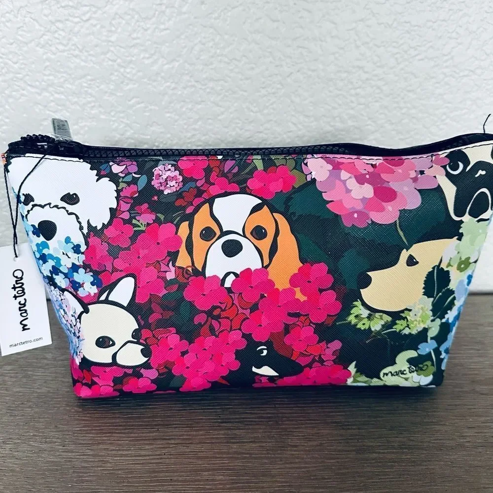 Marc Tetro Dogs Floral Pink Black Zipper Travel Cosmetic Bag